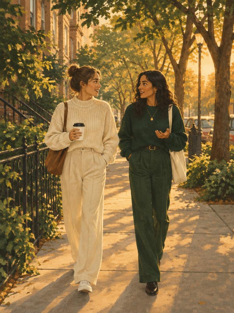 Two friends walking on a tree-lined street